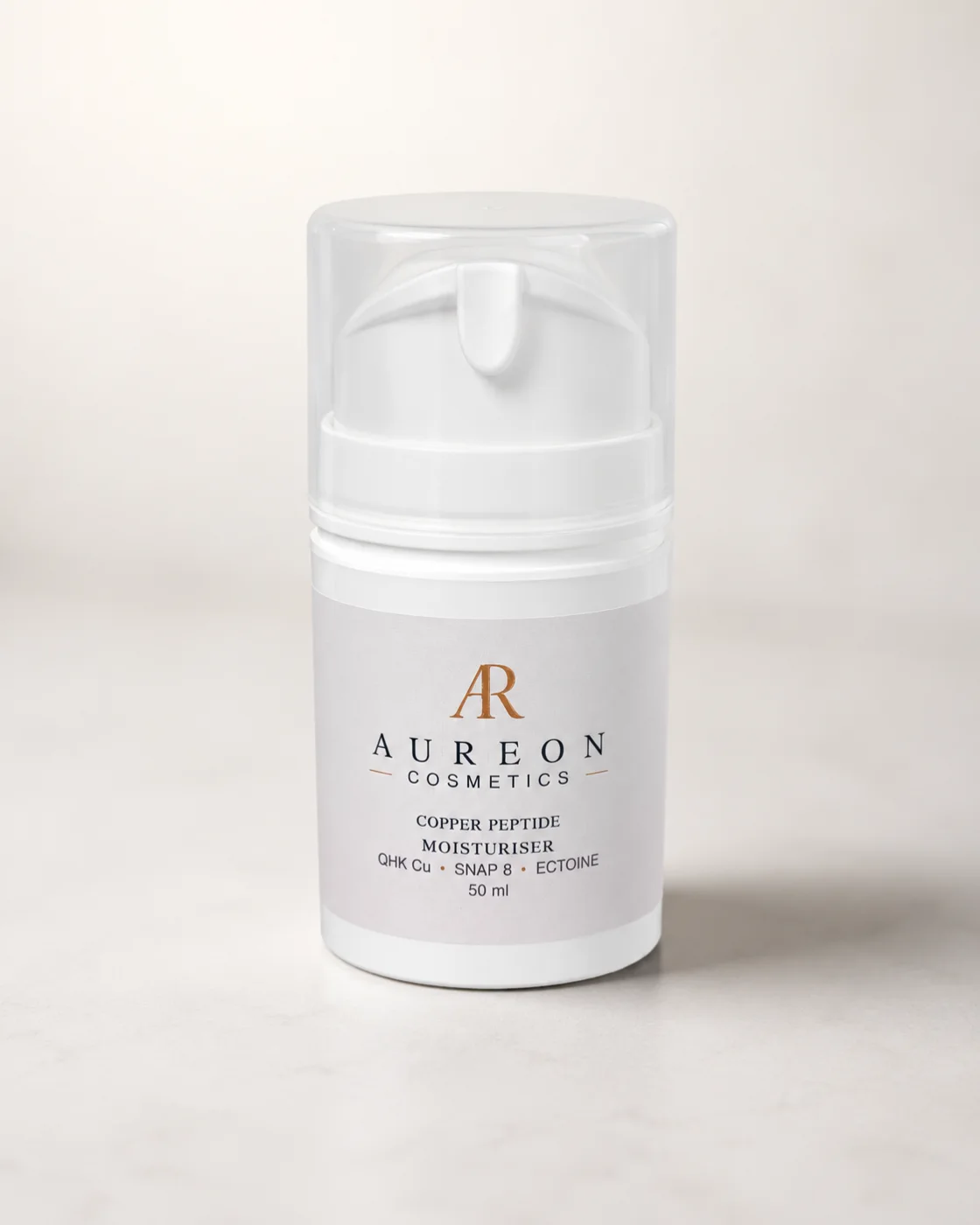 Aureon Cosmetics blue Copper Peptide Moisturiser with GHK Cu, SNAP 8 and ectoine in a 50 ml bottle