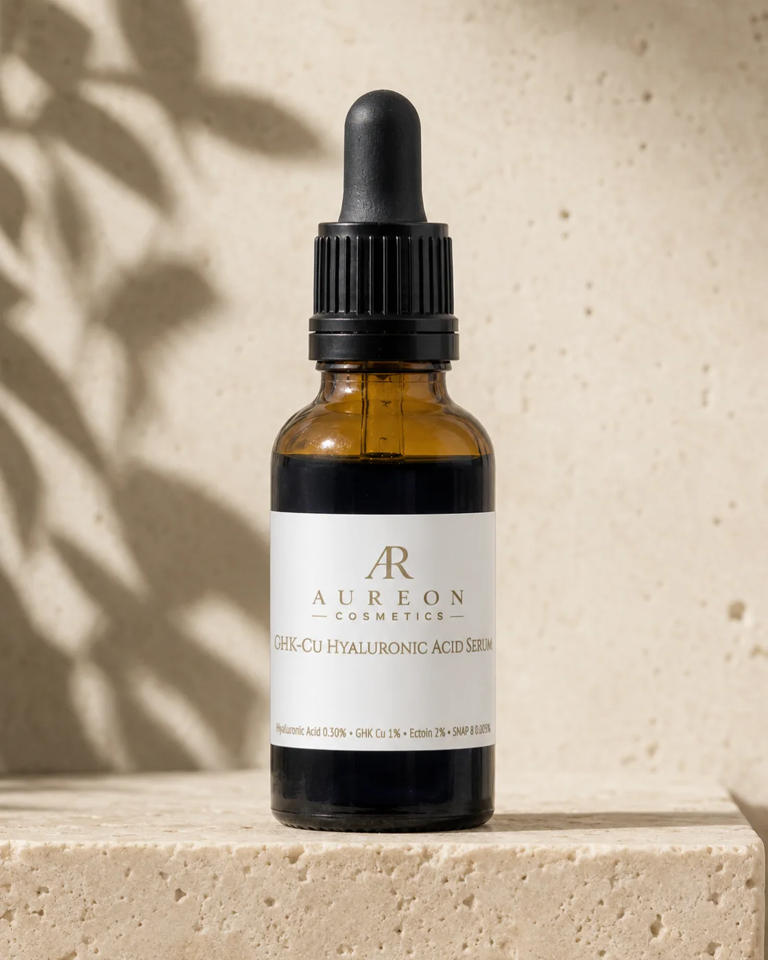 Aureon Cosmetics blue GHK Cu Hyaluronic Acid Serum with ectoine and SNAP 8 in a 30 ml dropper bottle